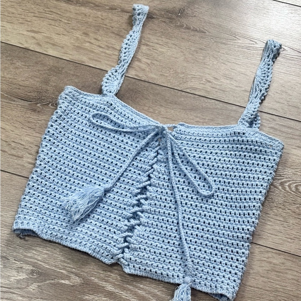 Beige Botany Lace Up Crochet Knit Tank - Picture 3 of 10